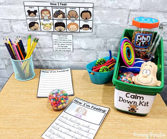 Image of Calm Down Kit with student emotions card, recording sheet, and bin with tools to help students calm down