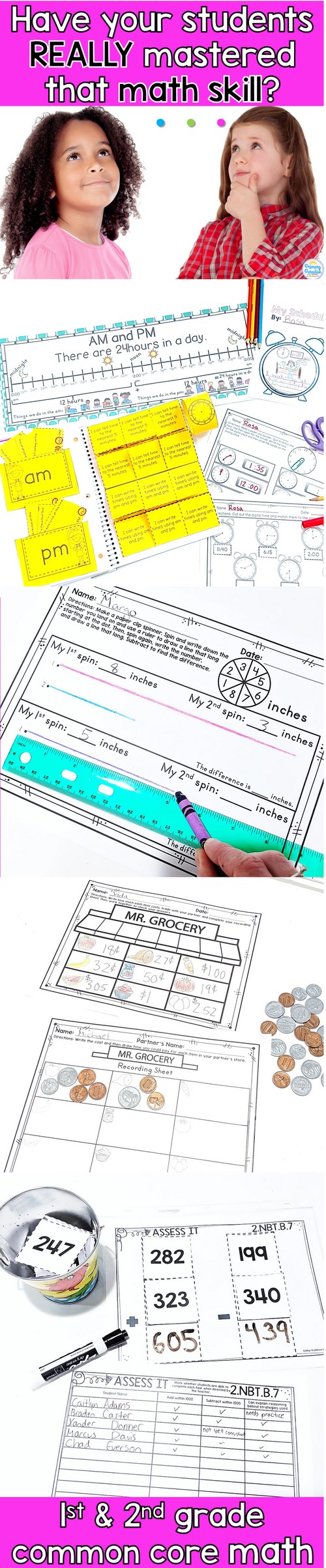 Common Core math skills for first grade and second grade- addition, subtraction, place value- all standards are covered with the comprehensive resources and ideas!