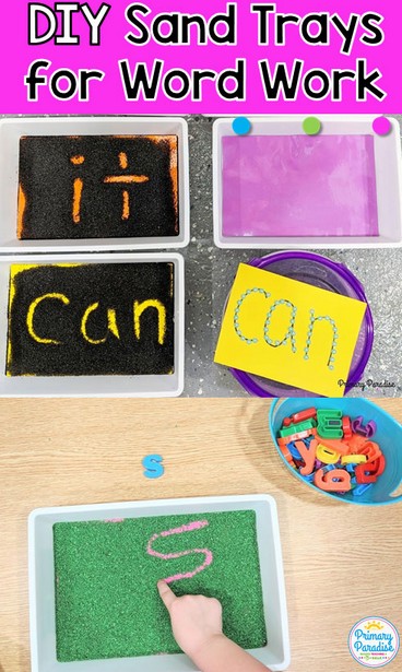 DIY Sand Trays- a perfect guided reading, small group tool for working on words! Use cheap supplies from the Dollar Tree to create these hands on sand trays- salt trays, or rice trays