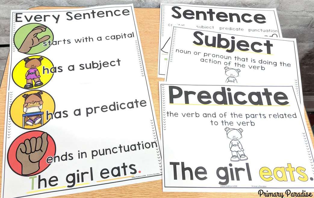 Subject and predicate are a great tool to teaching sentence structure! Using this hands on, simple, and new method, students can use a stop light technique to learn to identity and write complete sentences to improve writing.