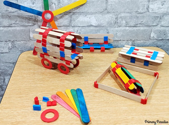 Image of different items created with popsicle stick connectors like a table, bench, wagon, and square