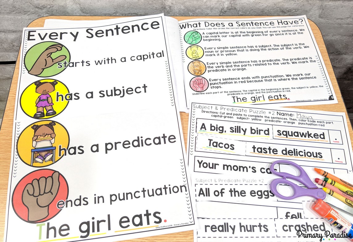 Subject and predicate are a great tool to teaching sentence structure! Using this hands on, simple, and new method, students can use a stop light technique to learn to identity and write complete sentences to improve writing.