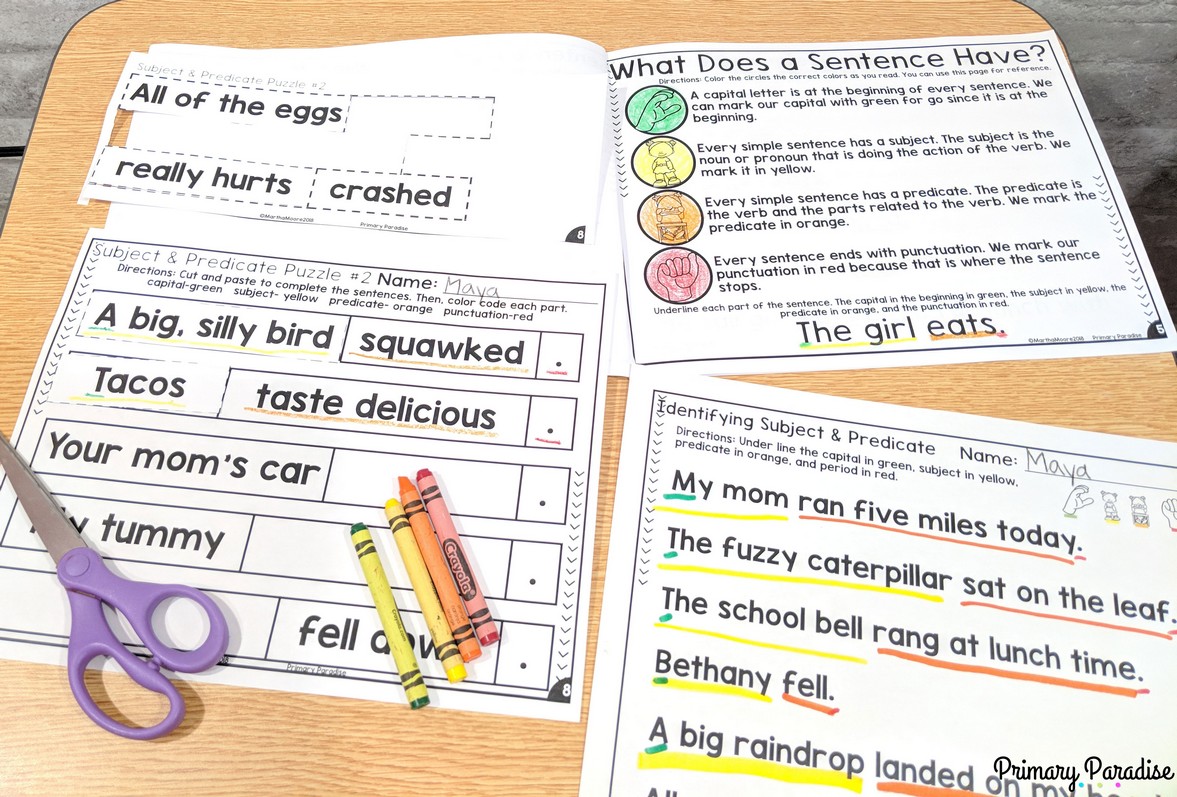 Subject and predicate are a great tool to teaching sentence structure! Using this hands on, simple, and new method, students can use a stop light technique to learn to identity and write complete sentences to improve writing.