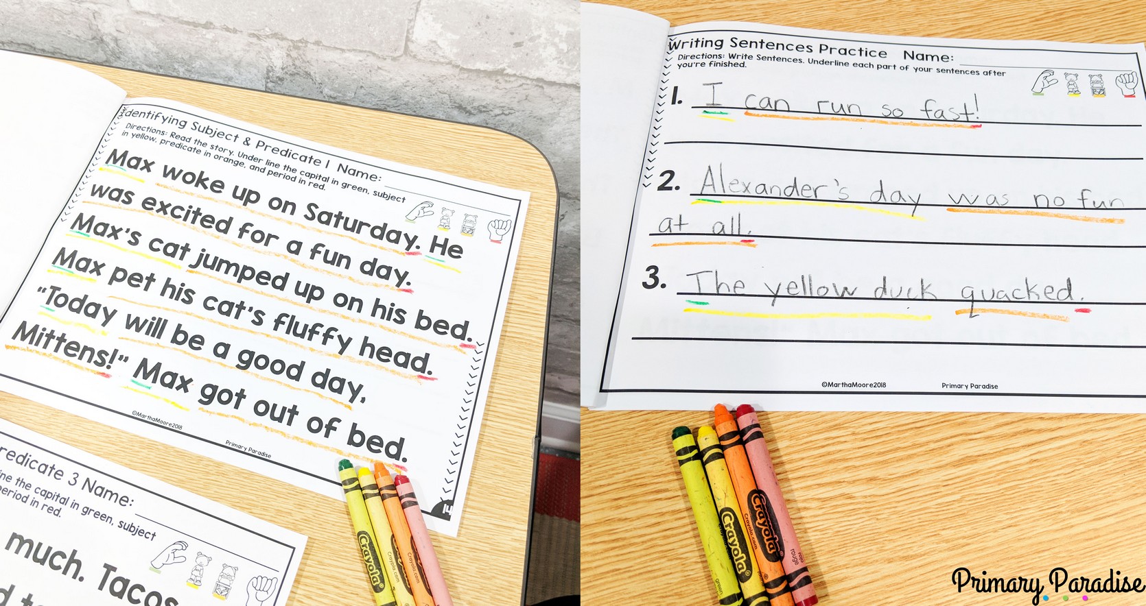 Subject and predicate are a great tool to teaching sentence structure! Using this hands on, simple, and new method, students can use a stop light technique to learn to identity and write complete sentences to improve writing.
