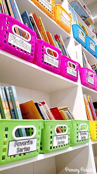 Create a beautiful and organized playroom library or classroom library with this simple color coded system using bins and stickers from Oriental Trading and Primary Paradise.