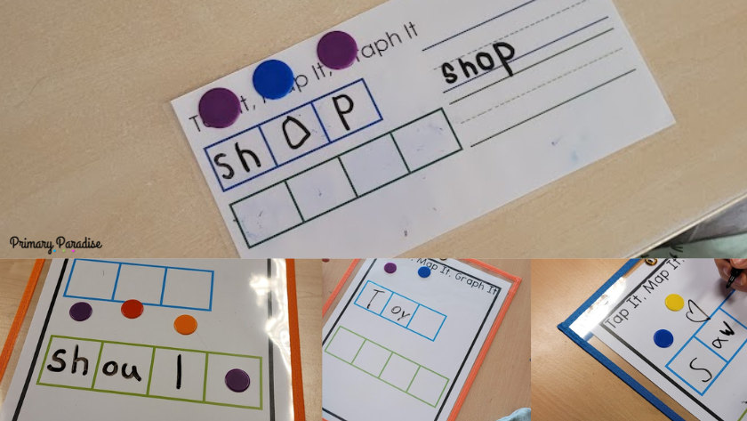 An image of the words shop, should, toy, and saw written in sound boxes.