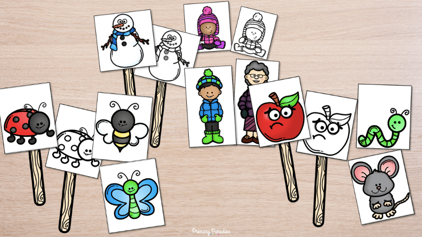 Images of characters on popsicle sticks or cards such as a lady bug, bee, butterfly, snowman, baby, kid, grandma, apple, worm, and mouse