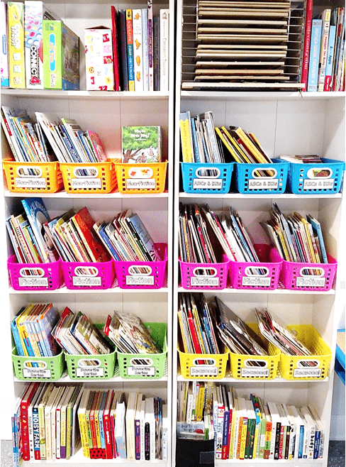 Create a beautiful and organized playroom library or classroom library with this simple color coded system using bins and stickers from Oriental Trading and Primary Paradise.