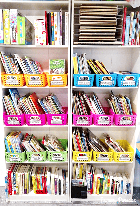 Create a beautiful and organized playroom library or classroom library with this simple color coded system using bins and stickers from Oriental Trading and Primary Paradise.