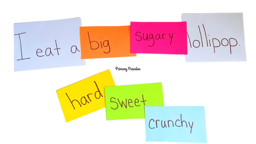 "I eat a" on a white card followed by "big" on orange paper, "sugary" on pink paper, and lollipop. on white paper. The sentence reads I eat a big, sugary lollipop. Underneath there are cards- yellow- hard, green- sweet, blue- crunchy.