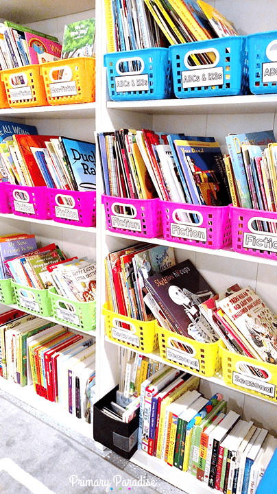 Create a beautiful and organized playroom library or classroom library with this simple color coded system using bins and stickers from Oriental Trading and Primary Paradise.