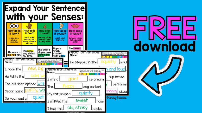 A blue background with an expand your sentences poster and 3 student pages on the left. On the right it says "free download" with an arrow pointing to the items on the left.