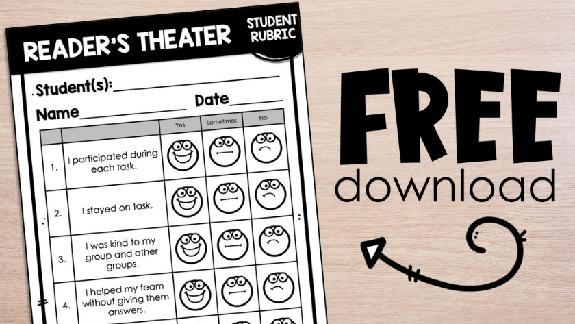 An image of a reader's theater student rubric with the text free download next to it.