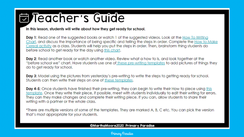 Teacher's guide- lesson plans for each day
