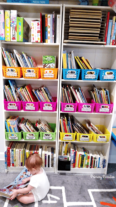 Create a beautiful and organized playroom library or classroom library with this simple color coded system using bins and stickers from Oriental Trading and Primary Paradise.