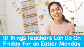 A picture of a teacher smiling with the text 10 Things Teachers Can Do On Friday for an Easier Monday