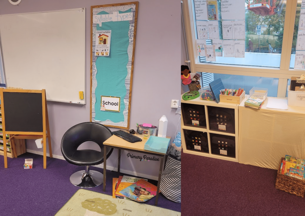 an image of a school center with an easel, big books, chalk, and other various school supplies