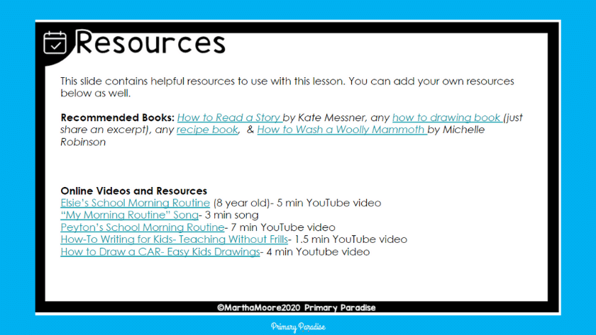resources- a list of books and online resources for the writing lesson