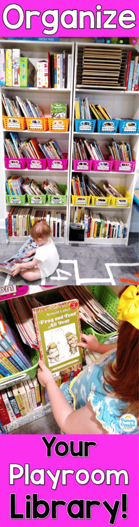 Create a beautiful and organized playroom library or classroom library with this simple color coded system using bins and stickers from Oriental Trading and Primary Paradise.