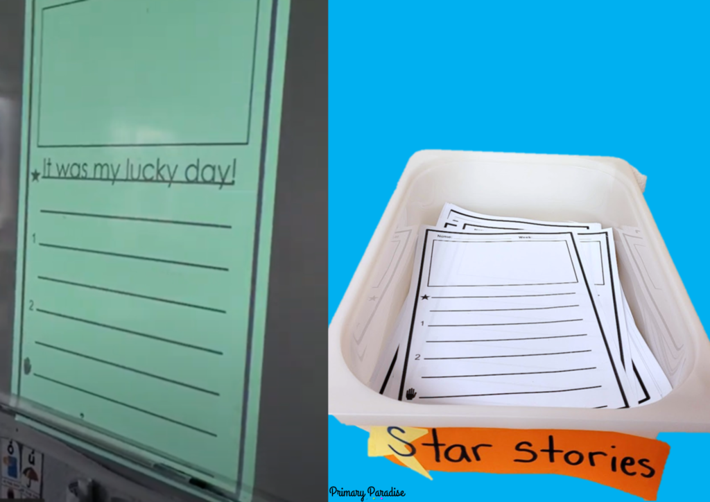 on the left, a star story template projected on a screen, on the right, a tray with templates that says "star stories".