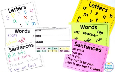 Letters, Words, and Sentences Sort- What is a sentence? Activity- Sentence writing tips for basic sentence writing kindergarten first grade lesson plans- missing capitals, punctuation, and what should be in a sentence.