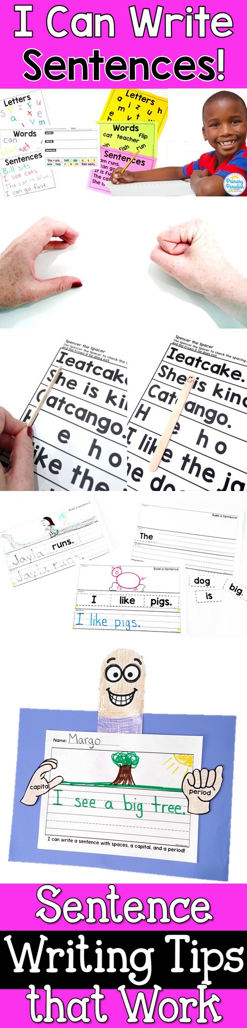 Sentence writing tips for basic sentence writing kindergarten first grade lesson plans- missing capitals, punctuation, and what should be in a sentence.