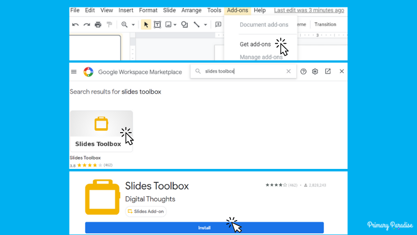An image of clicking on "get add ons" then slides toolbox and install
