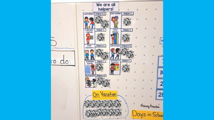 A picture of class jobs on a white board. The header says "We are all helpers" with a clip art and title for a variety of class jobs. Student pictures are pixelated out. Underneath it says "on vacation"