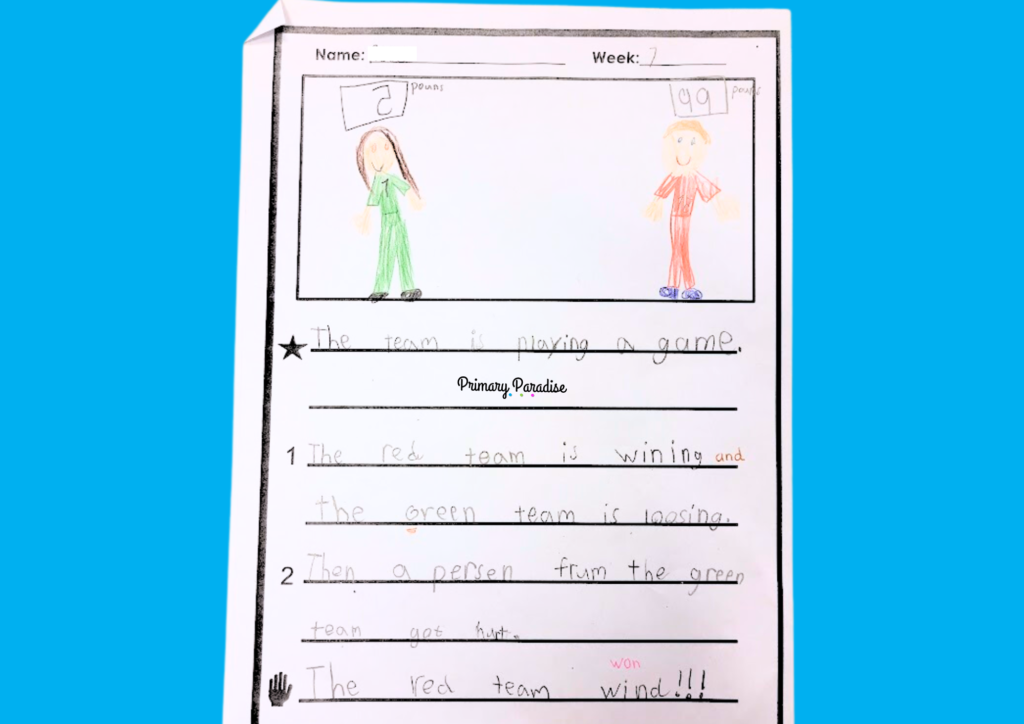 a completed story with edits in pen above the students' writing