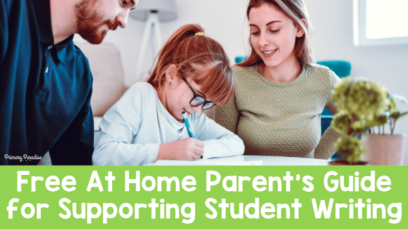 A girl and her parents, a dad and mom, writing together. Green background with white text that says Free At Home Parent's Guide for Supporting Student Writing