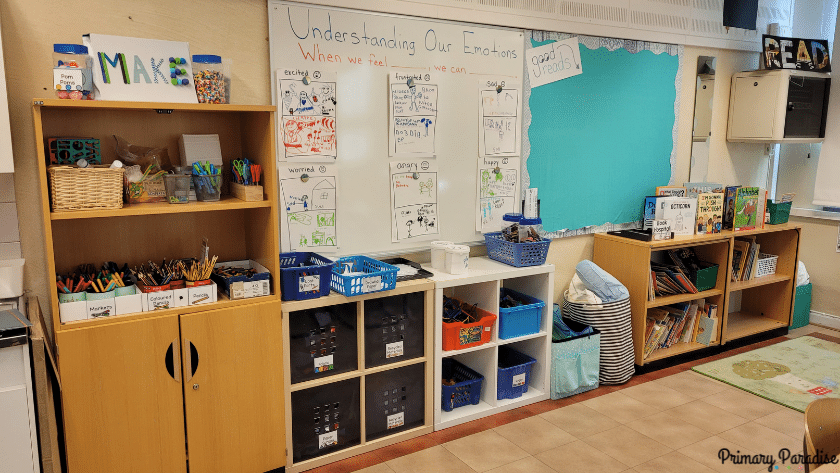 Shelves with student manipulatives and tools accessible and labeled