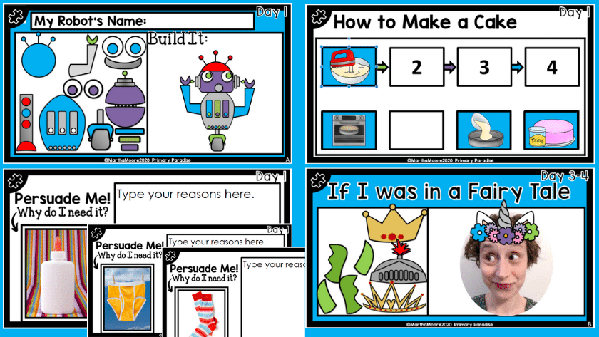 a build your own robot activity, a how to make a cake activity, a persuade me activity, and an if I was in a fairy tale activity