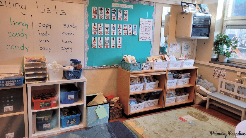 An image of a carpeted area by a classroom library