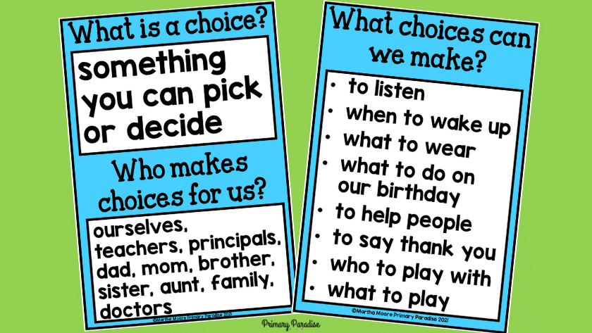A "What is a choice" chart and a "what choices we can make" chart