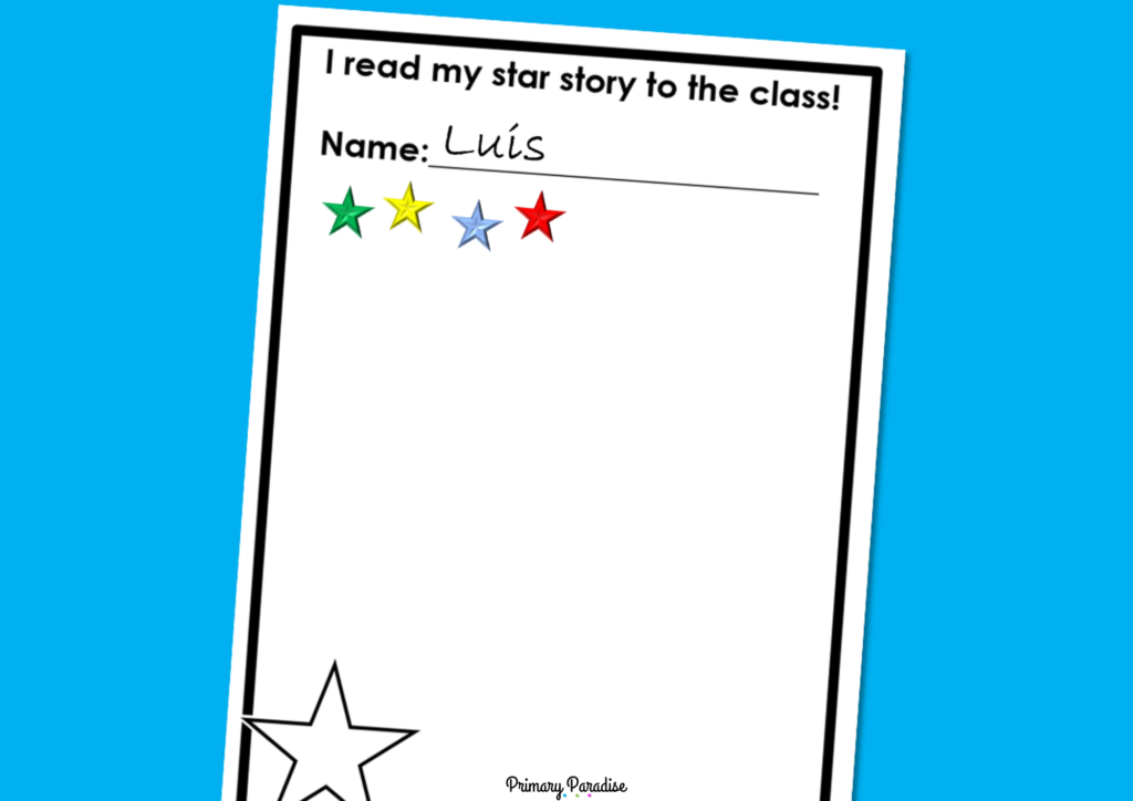 A piece of paper. At the top it says "I read my star story to the class" with a student's name "Luis". There are 4 colorful stars on the paper.