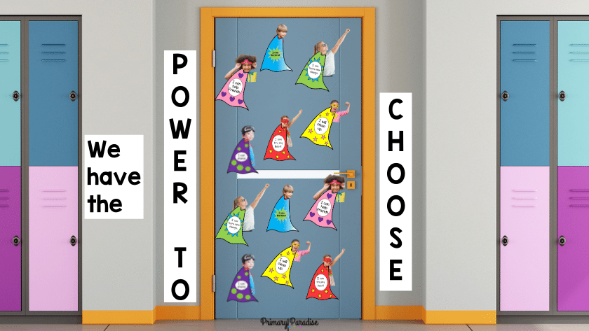 An image of a hallway with lockers. A closed classroom door is decorated with student pictures with superhero capes with things they can choose to do like being kind and trying their best.