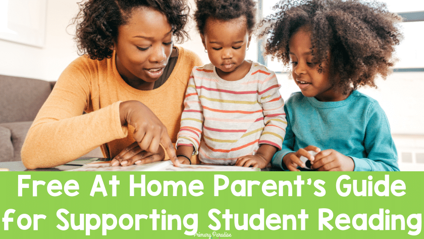 A mom and her two daughters reading with the text Free at home parent's guide for supporting student reading