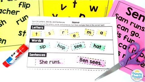 Letters, Words, and Sentences Sort- What is a sentence? Activity- Sentence writing tips for basic sentence writing kindergarten first grade lesson plans- missing capitals, punctuation, and what should be in a sentence.