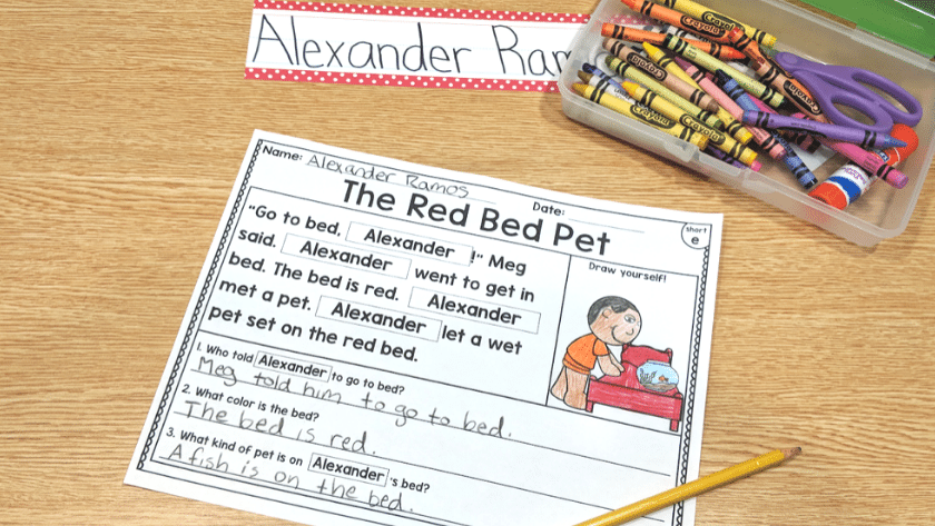 An image of a nametag that reads "Alexander Ramos" with a crayon box to the right. In the middle is a reading passage with the title "The Red Bed Pet" and Alexander's name throughout the story.