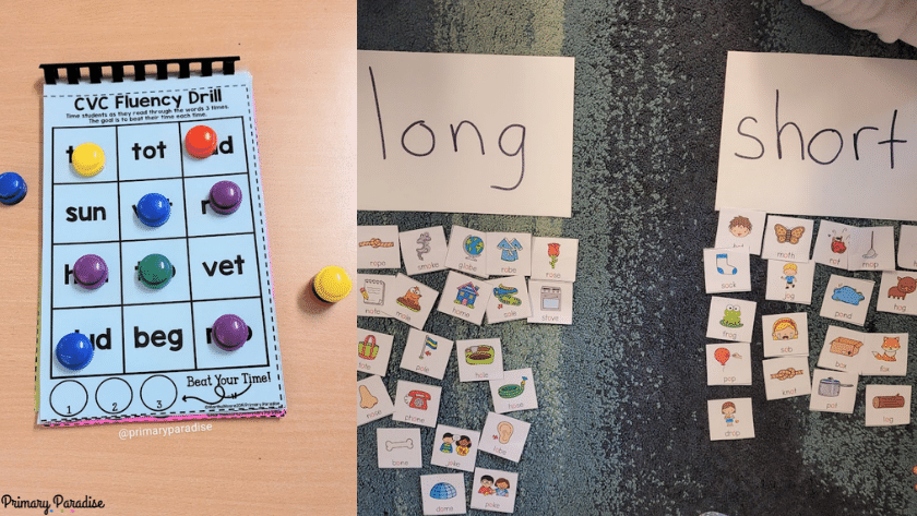 An image of two small group activities, one is a CVC fluency drill and the other is a long and short vowel sort.
