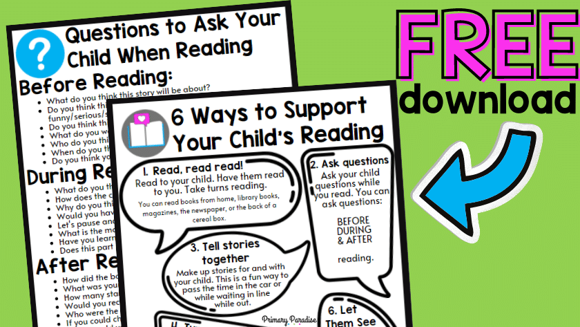 An image of the 6 ways to support your child's reading printable along with a questions to ask your child when reading printable with the text free download
