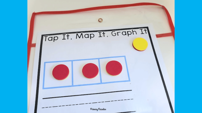 A paper that says tap it, map it, graph it. Underneath are 3 boxes with one counter in each box.