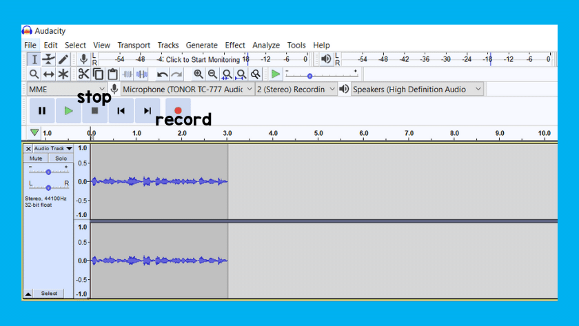 An image of the audacity program with the record and stop button labeled