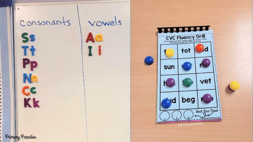 a list of consonants and vowels on a white board and a cvc fluency drill
