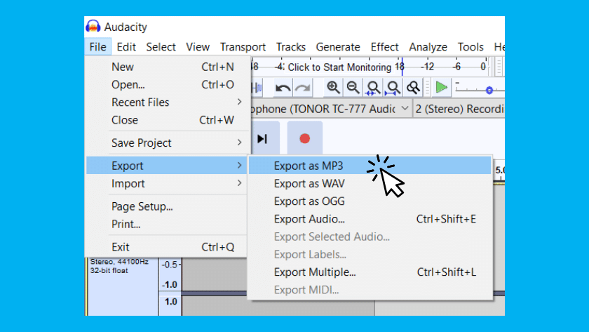 A screenshot of the audacity file and export tool bar with a mouse arrow clicking export as MP3