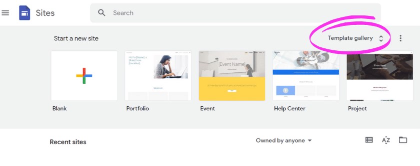 The home page of Google sites. Template gallery on the right is circled