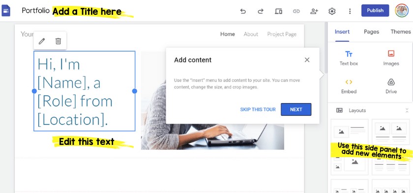 A blank portfolio template on Google Sites. There's filler text and notes that show to add a title at the tip, edit the text, and use the side panel to add new elements.