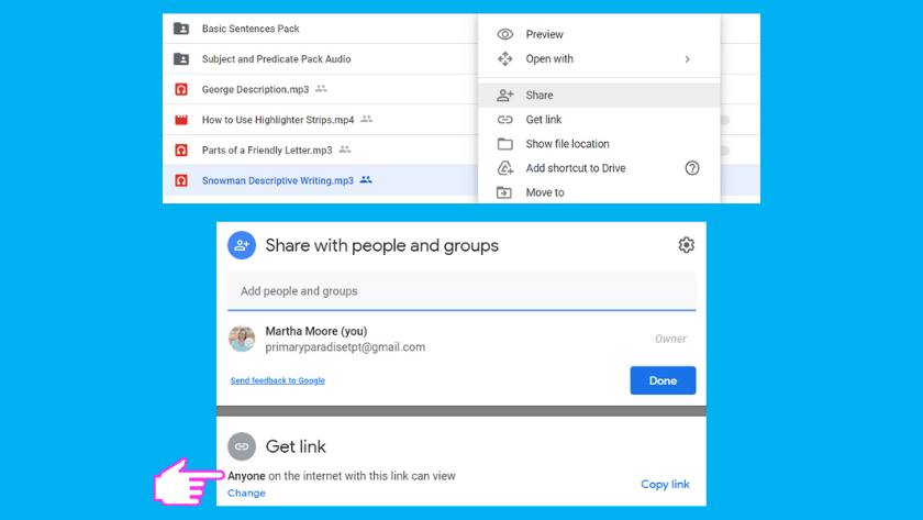 An image of the share settings on the audio on google slide with a finger pointing to anyone on the internet with this link can view.