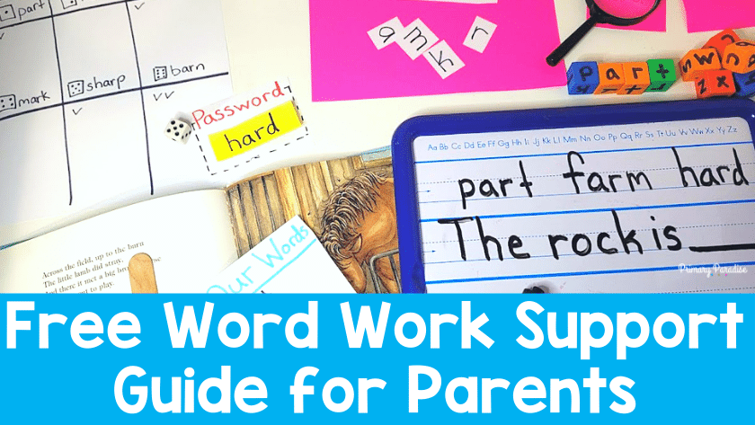 A collage of different word work activities with the text Free Word Work Support Guide for Parents