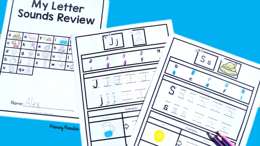 The cover of the letter sounds review book with 2 pages, one for j and one for s.
